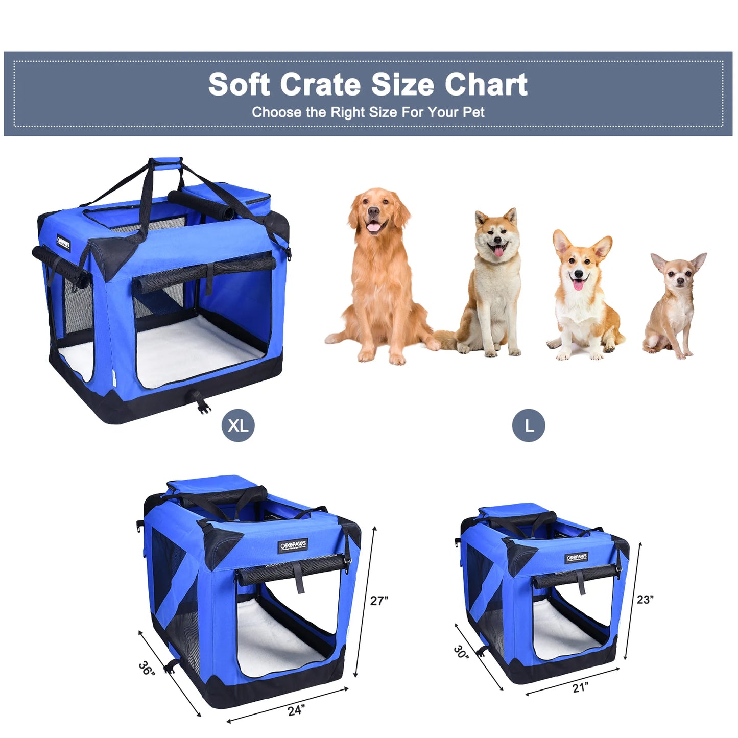 JESPET Soft Pet Crates Kennel, 3 Door Soft Sided Folding Travel Pet Carrier